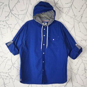 Le 31 Royal Blue 100% Cotton Button Front Hooded Shirt